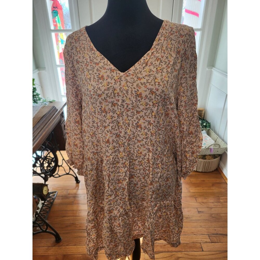 Cream Ditsy Floral Tiered Mini Dress L Boho Cottagecore Prairie Western Fairy